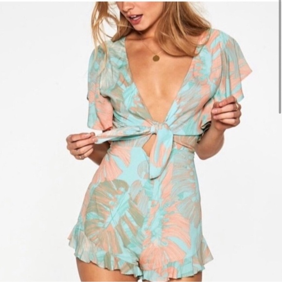 L' SPACE Connie Romper In Bungalow Palm Print Multicolor Lightweight Sz L - Picture 1 of 5